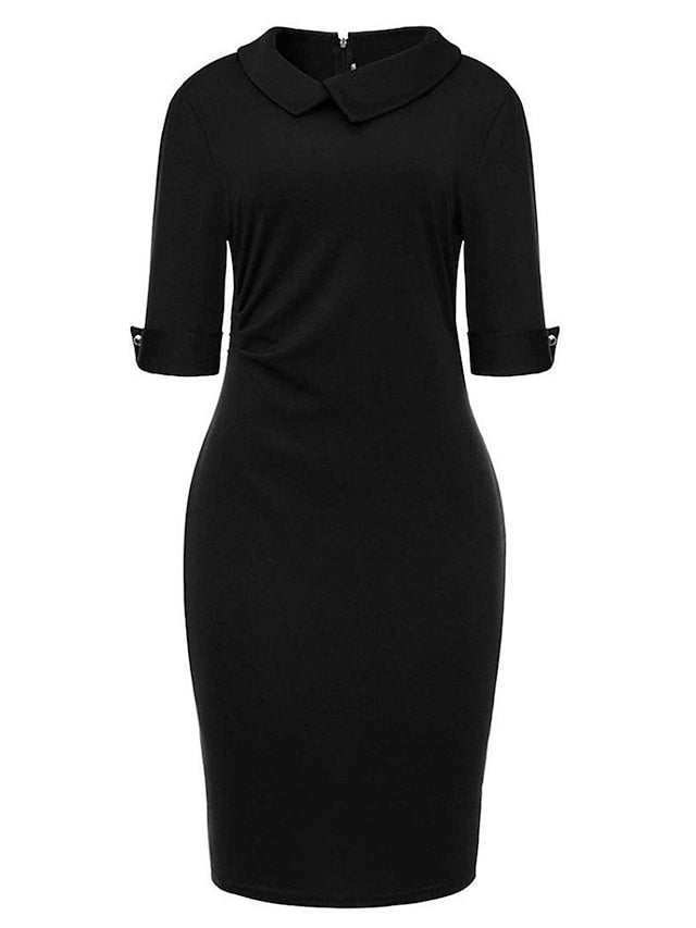 Women's Work Dress Sheath Dress Black Dress Fashion Midi Dress Button Lapel Half Sleeve Plain Slim Black Wine Navy Blue Summer Spring S M L XL XXL - LuckyFash™