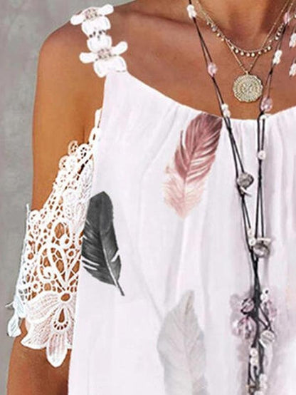 Print Lace Cold Shoulder Elegant T-shirt - LuckyFash™