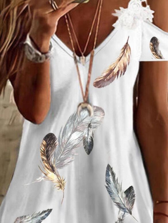 Print Lace Cold Shoulder Short Sleeves Elegant T-shirt - LuckyFash™