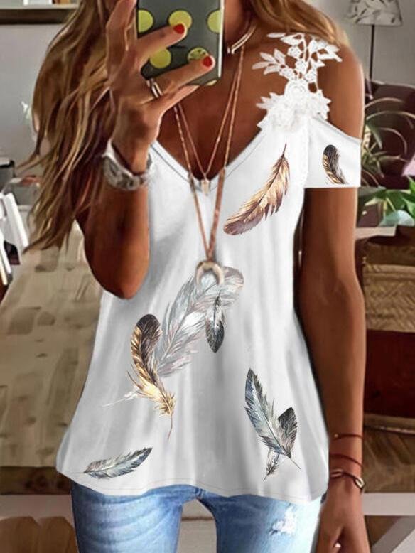 Print Lace Cold Shoulder Short Sleeves Elegant T-shirt - LuckyFash™
