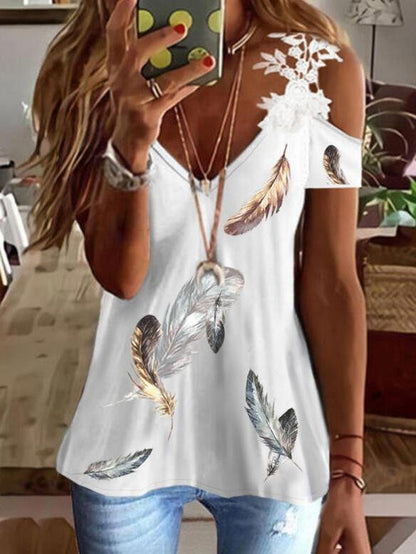 Print Lace Cold Shoulder Short Sleeves Elegant T-shirt - LuckyFash™