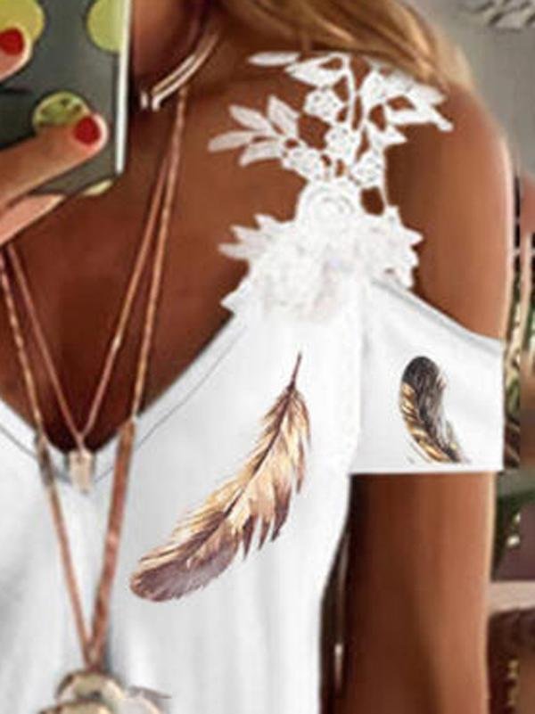 Print Lace Cold Shoulder Short Sleeves Elegant T-shirt - LuckyFash™