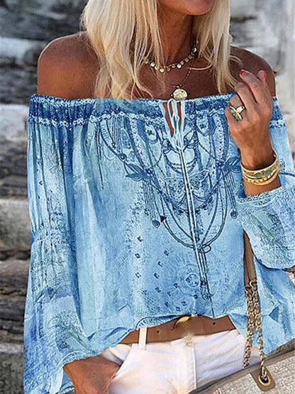 Printed Boat Neck Flare Sleeve Chiffon Blouses - LuckyFash™