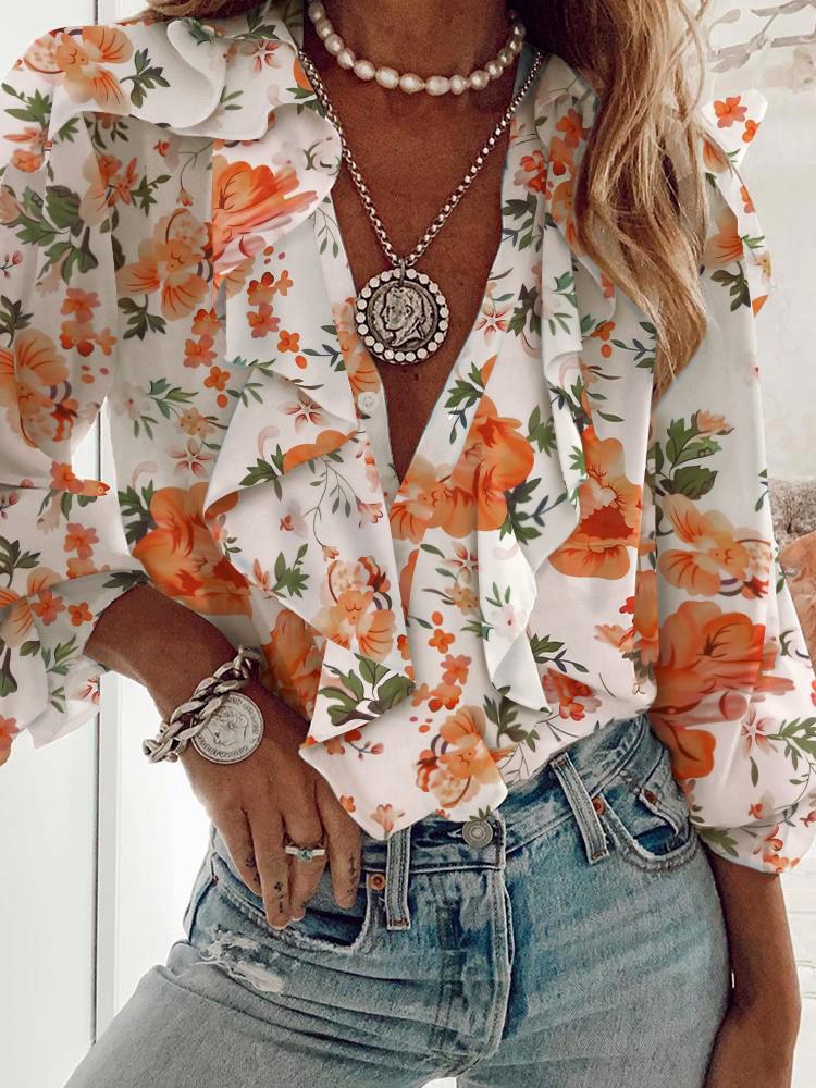 Printed Chiffon V-Neck Long Sleeve Blouses - LuckyFash™