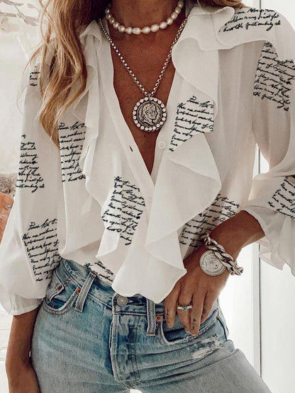 Printed Chiffon V-Neck Long Sleeve Blouses - LuckyFash™