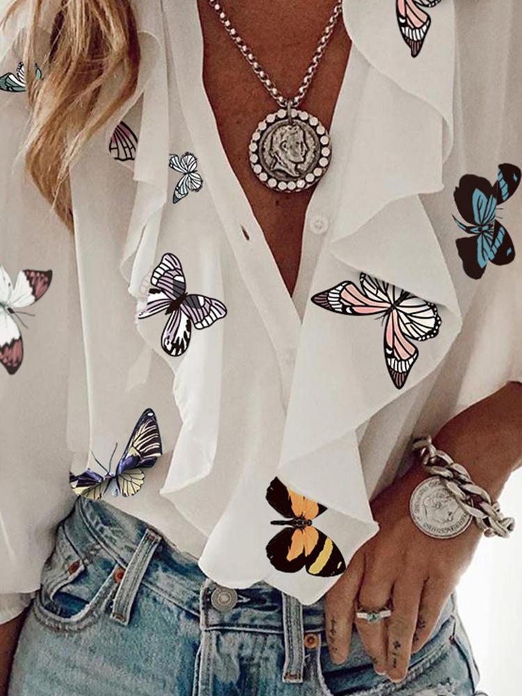 Printed Chiffon V-Neck Long Sleeve Blouses - LuckyFash™
