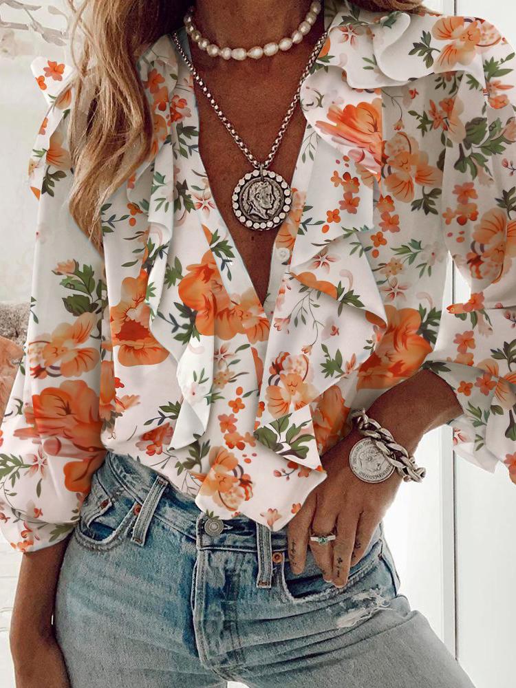 Printed Chiffon V-Neck Long Sleeve Blouses - LuckyFash™