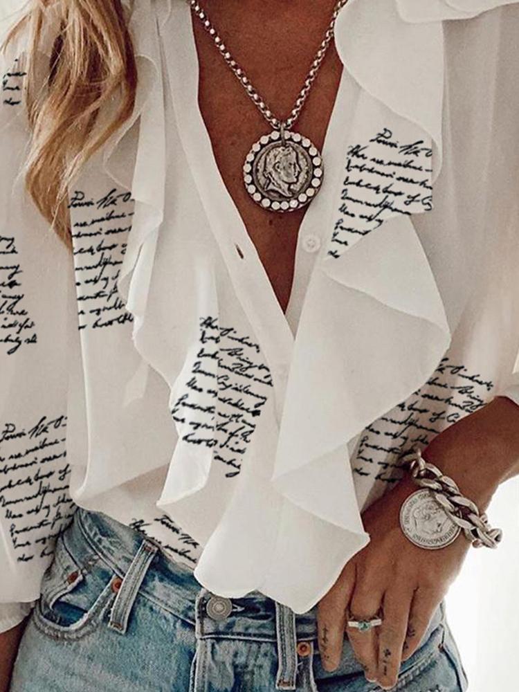 Printed Chiffon V-Neck Long Sleeve Blouses - LuckyFash™