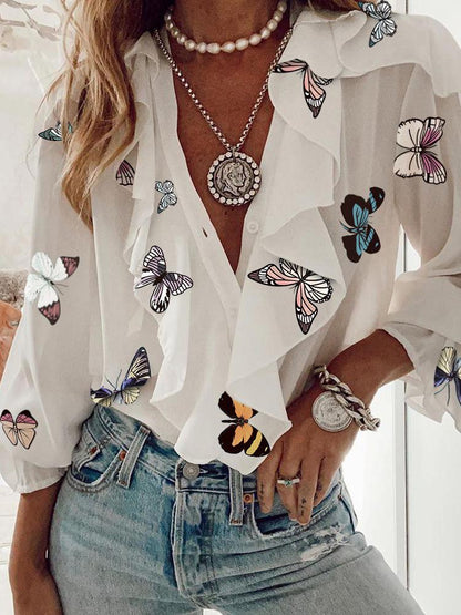 Printed Chiffon V-Neck Long Sleeve Blouses - LuckyFash™