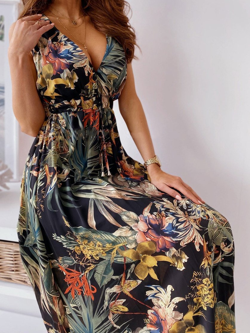 Printed Deep V-Neck Sleeveless Open Back Dress - LuckyFash™