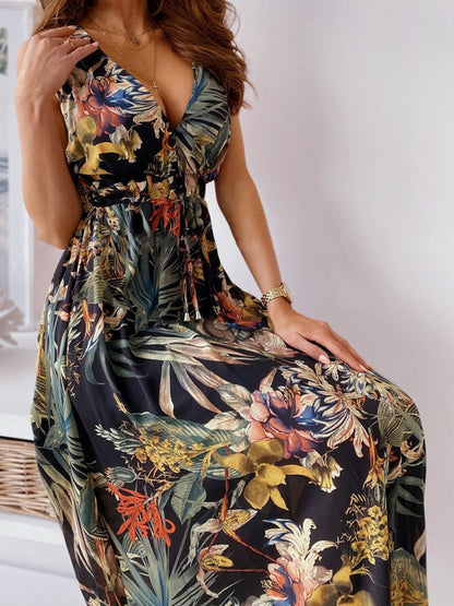 Printed Deep V-Neck Sleeveless Open Back Dress - LuckyFash™