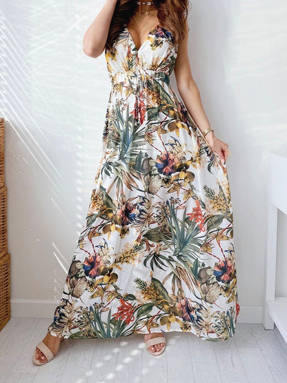 Printed Deep V-Neck Sleeveless Open Back Dress - LuckyFash™