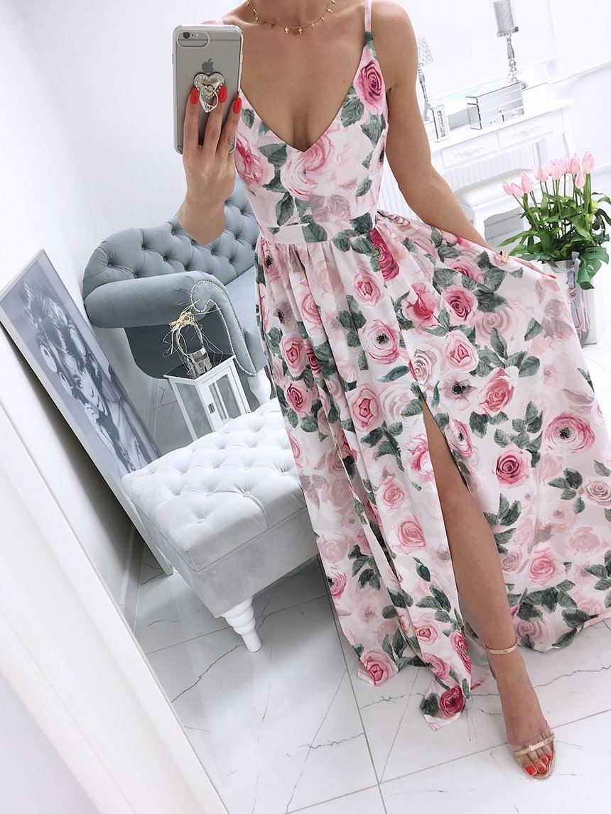Printed Deep V-Neck Sleeveless Slit Dress - LuckyFash™