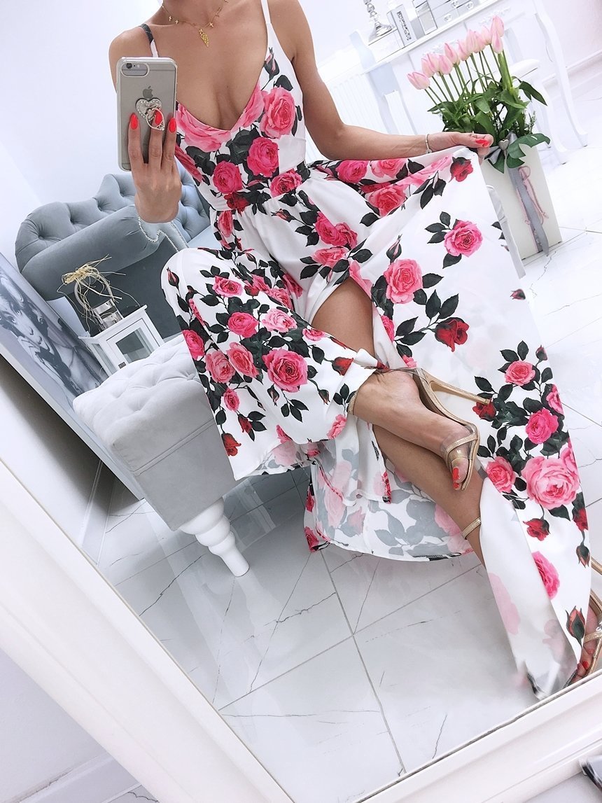 Printed Deep V-Neck Sleeveless Slit Dress - LuckyFash™