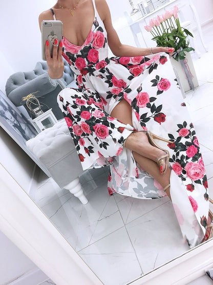 Printed Deep V-Neck Sleeveless Slit Dress - LuckyFash™