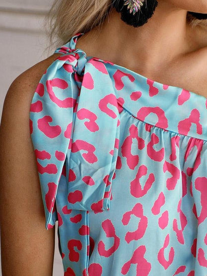 Printed Diagonal Collar Off The Shoulder Casual T-Shirts - LuckyFash™