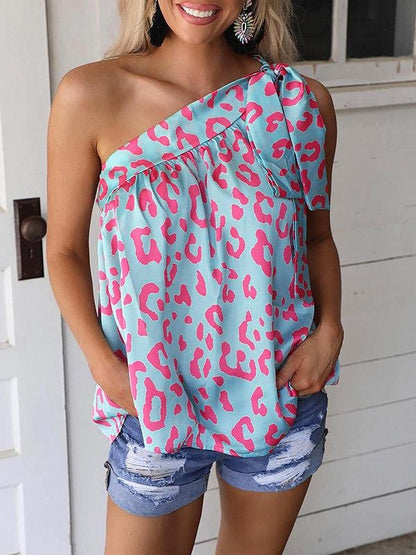 Printed Diagonal Collar Off The Shoulder Casual T-Shirts - LuckyFash™