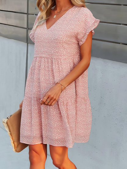 Printed Flowy V-Neck Short Sleeve Dress - LuckyFash™