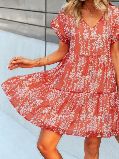 Printed Flowy V-Neck Short Sleeve Dress - LuckyFash™