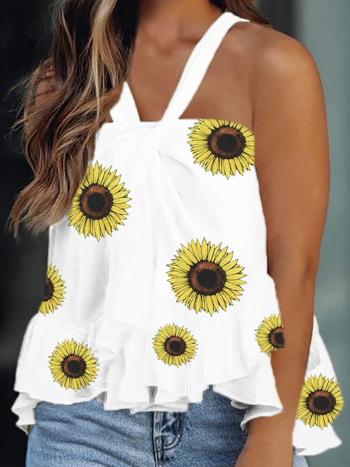 Printed Halter Ruffle Sleeveless Tank Tops - LuckyFash™