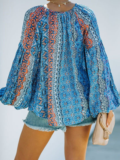 Printed Long-sleeved V-neck Lantern Sleeves Loose Blouse - LuckyFash™