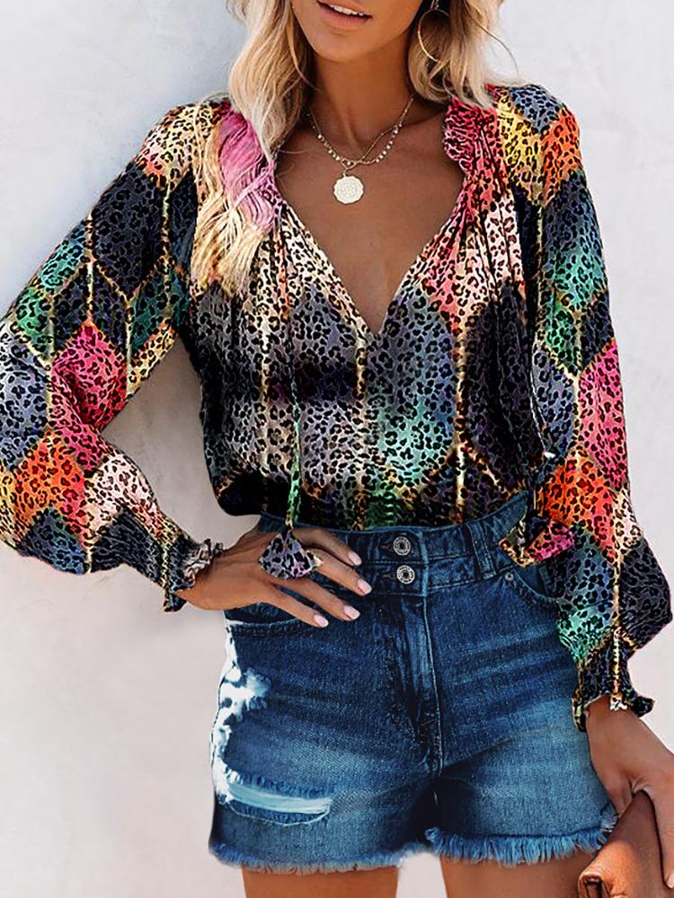 Printed Long Sleeves V Neck Blouses - LuckyFash™