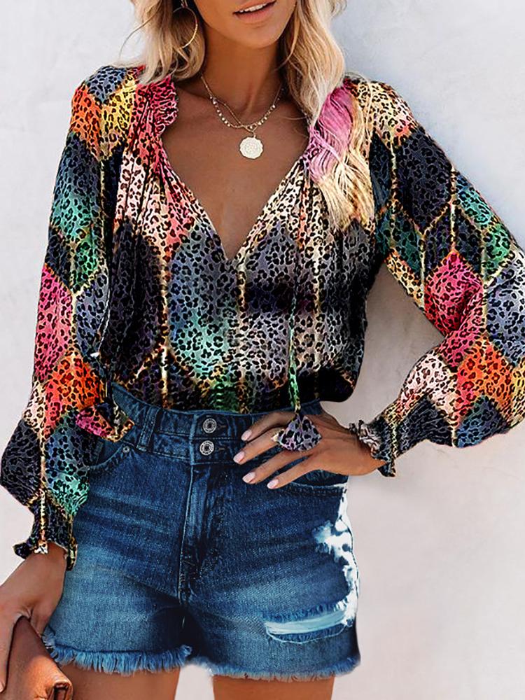 Printed Long Sleeves V Neck Blouses - LuckyFash™