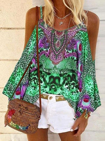 Printed Loose Strapless Long Sleeve Off Shoulder Shirt - LuckyFash™