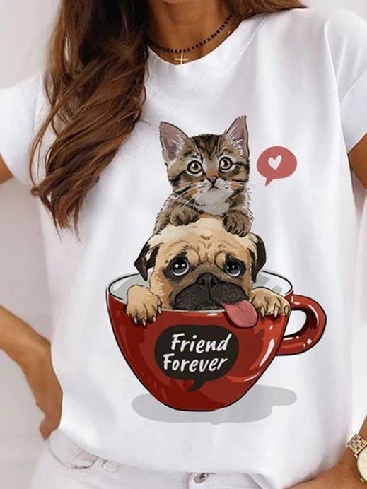 Printed Round Neck Short Sleeve Casual T-Shirt - LuckyFash™