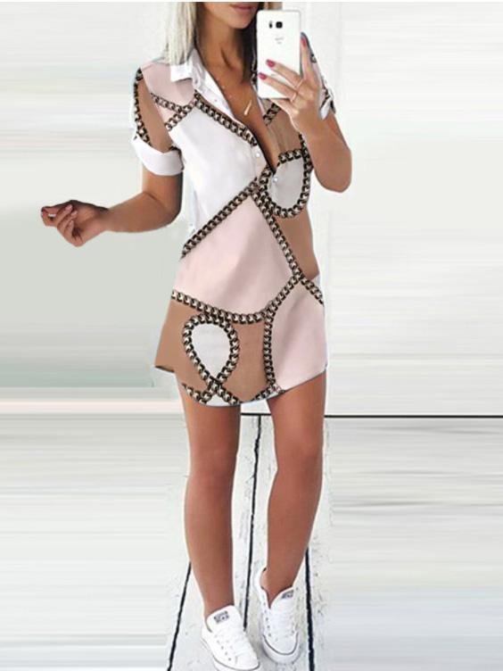 Printed Short Sleeve Button Shirt Dress - LuckyFash™