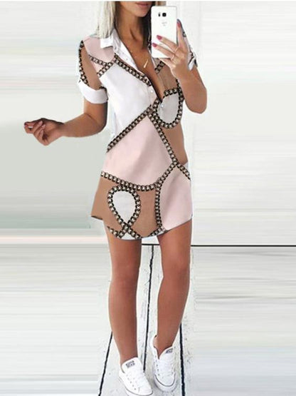 Printed Short Sleeve Button Shirt Dress - LuckyFash™