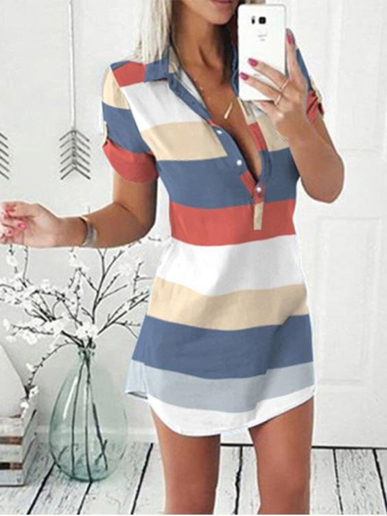 Printed Short Sleeve Button Shirt Dress - LuckyFash™