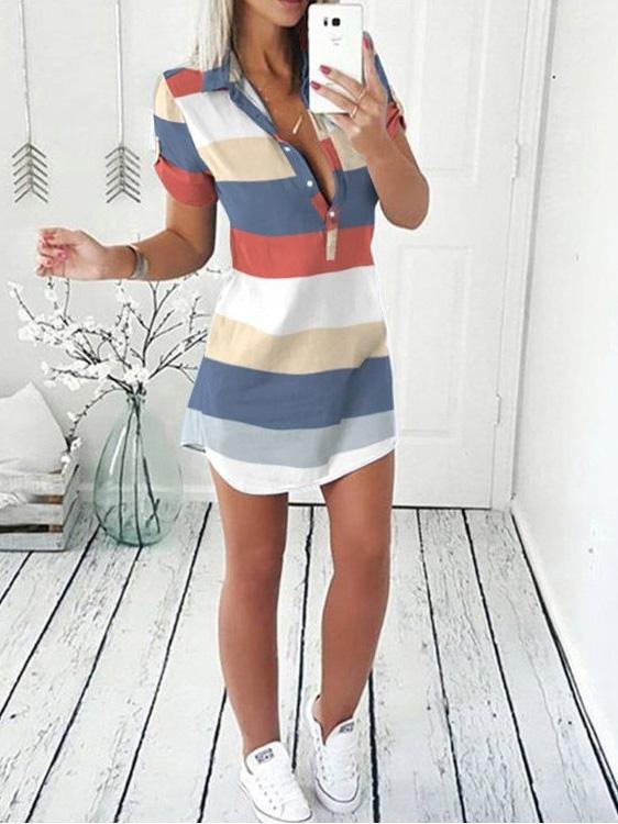 Printed Short Sleeve Button Shirt Dress - LuckyFash™