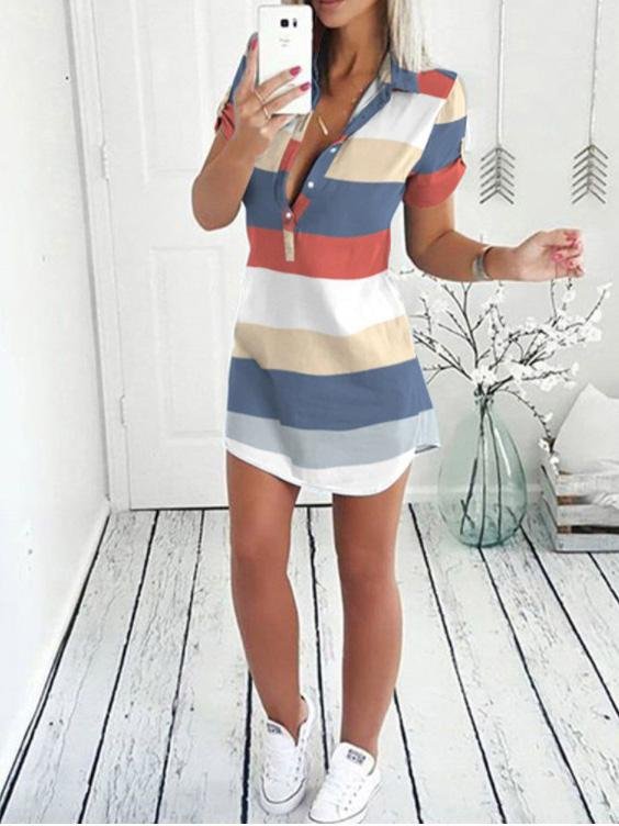 Printed Short Sleeve Button Shirt Dress - LuckyFash™