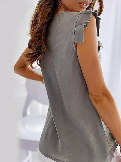 Printed Short Sleeve Ruffled V-Neck T-Shirt - LuckyFash™