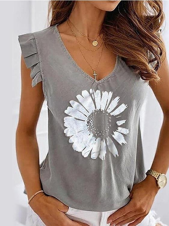 Printed Short Sleeve Ruffled V-Neck T-Shirt - LuckyFash™