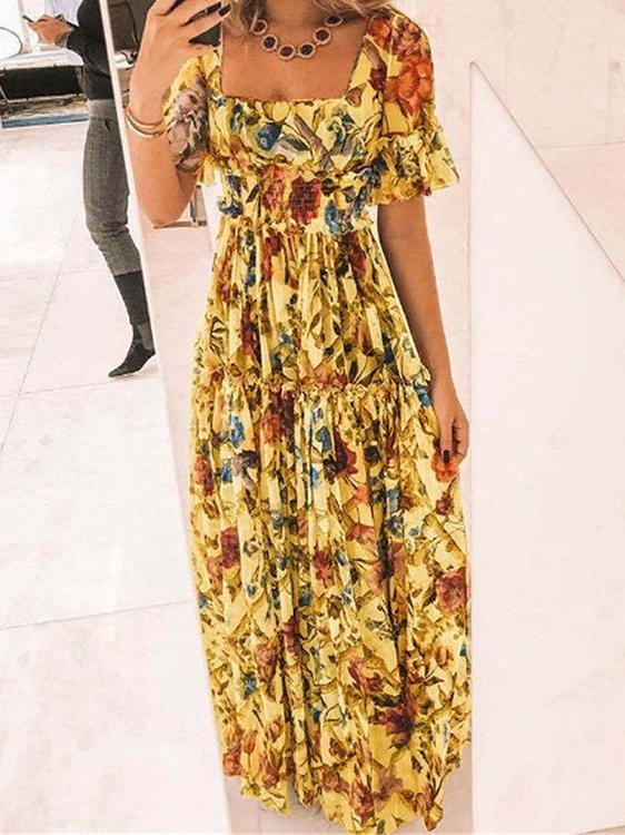 Printed Square Neck Short Sleeve Boho Dress - LuckyFash™