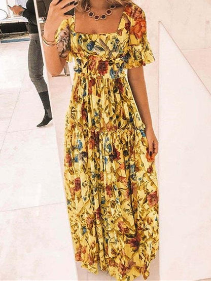 Printed Square Neck Short Sleeve Boho Dress - LuckyFash™