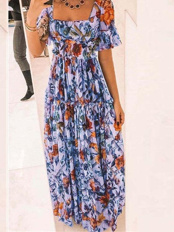 Printed Square Neck Short Sleeve Boho Dress - LuckyFash™
