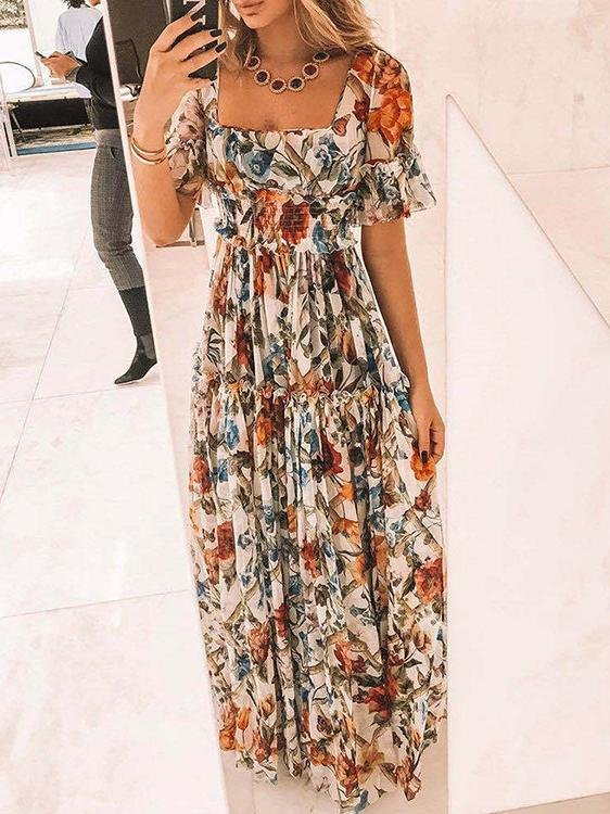 Printed Square Neck Short Sleeve Boho Dress - LuckyFash™