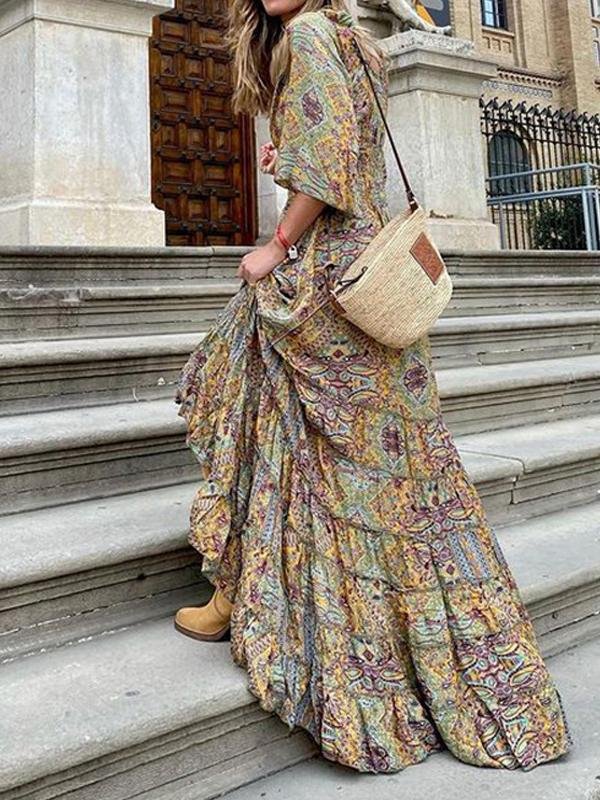 Printed V-neck 3/4 Sleeve Bohemian Dress - LuckyFash™