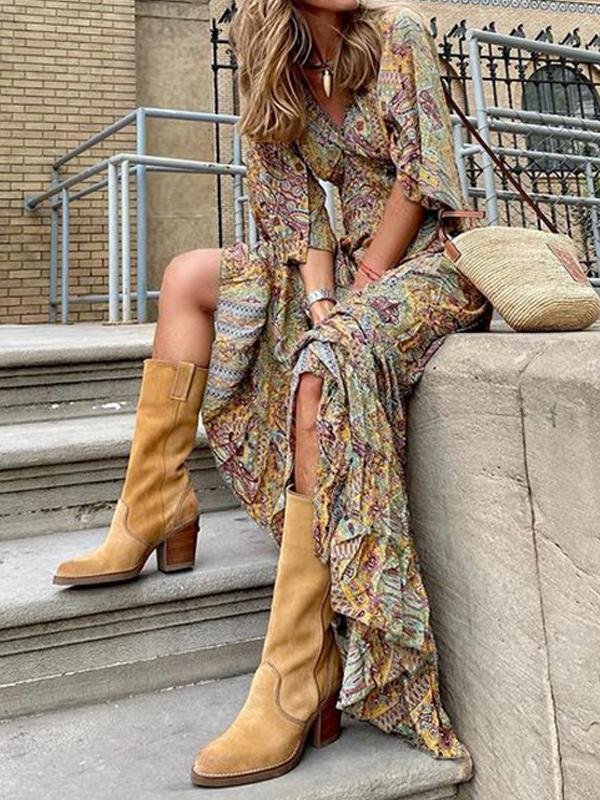 Printed V-neck 3/4 Sleeve Bohemian Dress - LuckyFash™