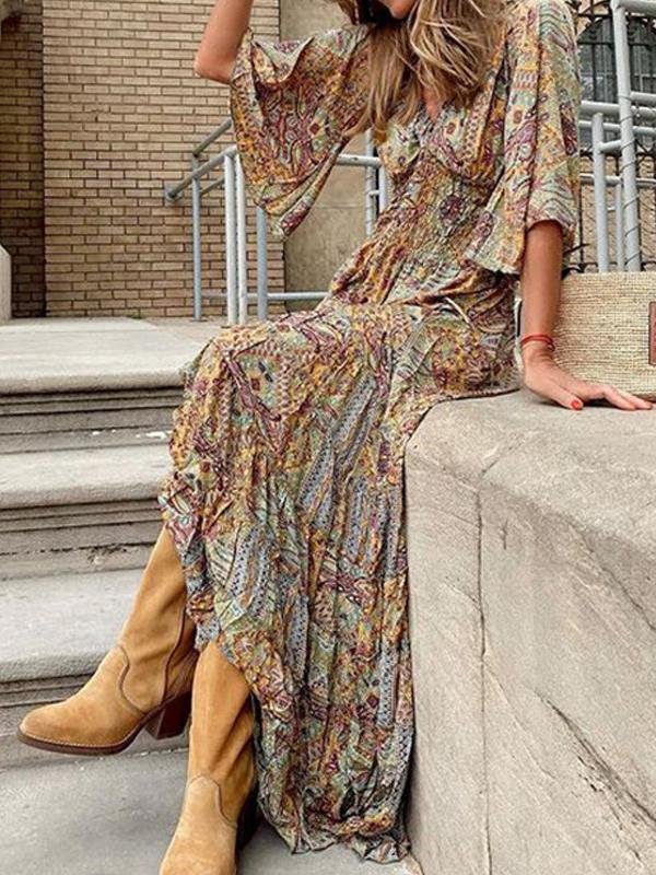 Printed V-neck 3/4 Sleeve Bohemian Dress - LuckyFash™