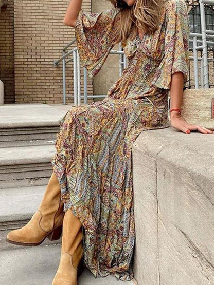 Printed V-neck 3/4 Sleeve Bohemian Dress - LuckyFash™