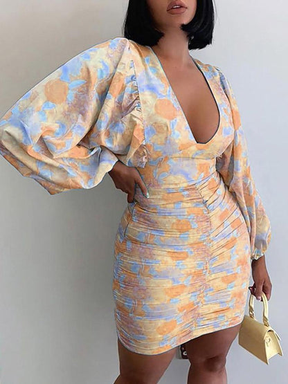 Printed V-Neck Long Sleeve Skinny Dress - LuckyFash™