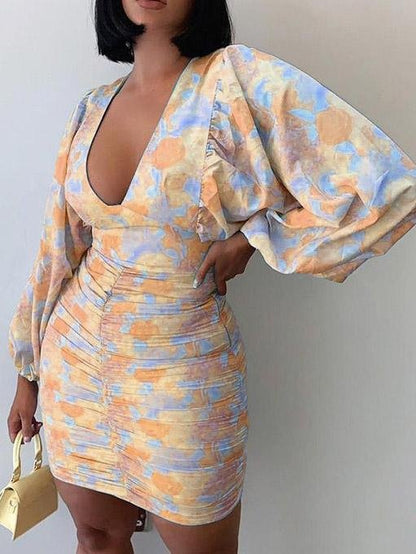 Printed V-Neck Long Sleeve Skinny Dress - LuckyFash™