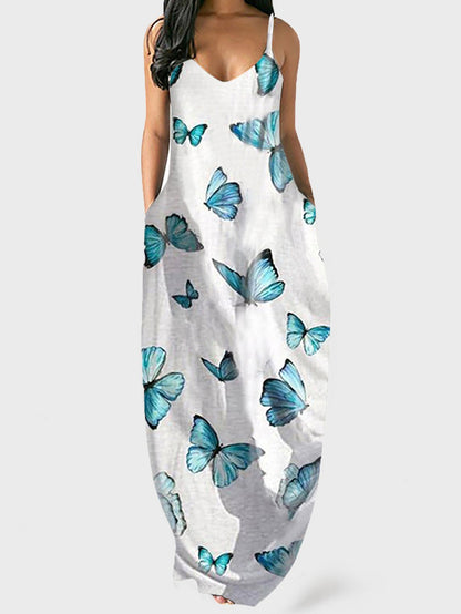 Printed V-neck Loose Strap Dress - LuckyFash™