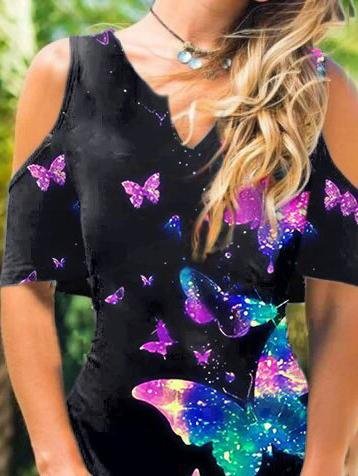 Printed V-neck Mid-length Off-shoulder Dress - LuckyFash™