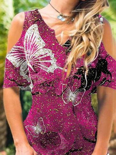 Printed V-neck Mid-length Off-shoulder Dress - LuckyFash™