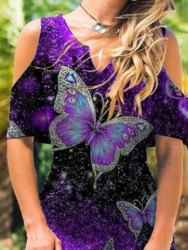 Printed V-neck Mid-length Off-shoulder Dress - LuckyFash™